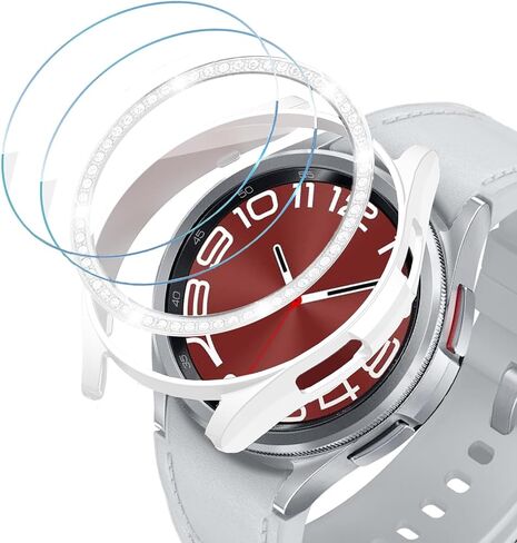 [عبوتان + عبوتان] حافظة متوافقة مع ساعة Samsung Galaxy Watch 6 Classic 43mm / 47mm، حافظة واقية من الكمبيوتر الشخصي + حلقة إطار من حجر الراين اللامع من PC + 2 طبقة حماية للشاشة من الزجاج المقوى، أسود + أسود in Kuwait