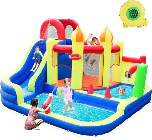 JOOLOOG Blow Up Water Slides للأطفال في الفناء الخلفي، قلعة قفز كبيرة للأطفال في الهواء الطلق، منزل ترتد قابل للنفخ 8 في 1 مع منفاخ هواء 450 وات in Kuwait