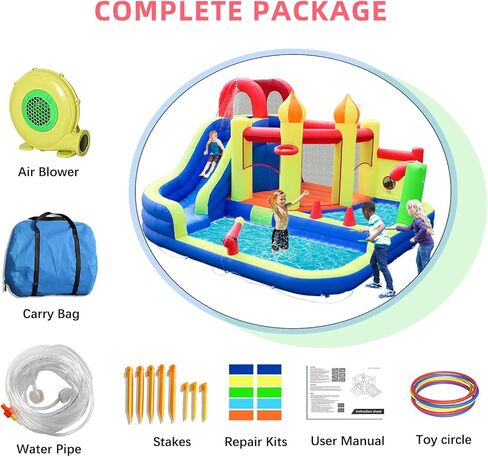 JOOLOOG Blow Up Water Slides للأطفال في الفناء الخلفي، قلعة قفز كبيرة للأطفال في الهواء الطلق، منزل ترتد قابل للنفخ 8 في 1 مع منفاخ هواء 450 وات in Kuwait