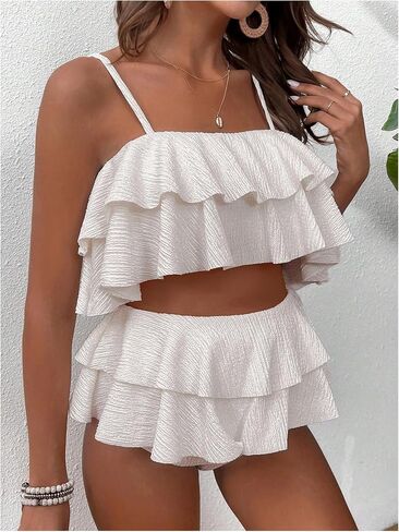 بدلة سباحة نسائية من MakeMeChic مكونة من قطعتين ملابس سباحة مكشكشة عالية الخصر للحمل طقم بيكيني للاستحمام in Saudi Arabia
