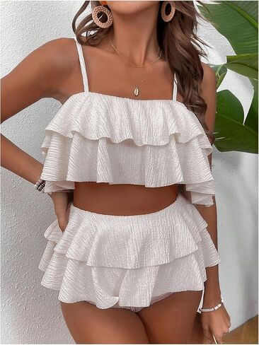 بدلة سباحة نسائية من MakeMeChic مكونة من قطعتين ملابس سباحة مكشكشة عالية الخصر للحمل طقم بيكيني للاستحمام in Saudi Arabia
