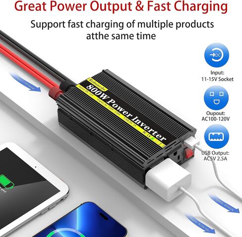 800 Watt Power Inverters for Vehicles, Car Inverter DC 12v to 110v AC Converter for Car Cigarette Lighter, Modified Sine Wave Inverters with 2 AC Outlets and 2.4A USB Ports for RV Camping in Saudi Arabia