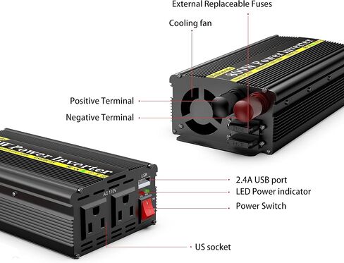 800 Watt Power Inverters for Vehicles, Car Inverter DC 12v to 110v AC Converter for Car Cigarette Lighter, Modified Sine Wave Inverters with 2 AC Outlets and 2.4A USB Ports for RV Camping in Saudi Arabia
