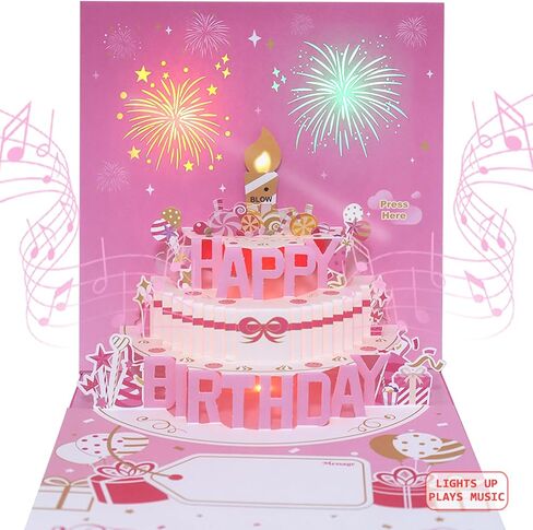 Musical Birthday Cards with Light and Music, Blowable, 3D Birthday Popup Cards for Men & Women– Plays Hit Song 'HAPPY Birthday' (pink) in Kuwait
