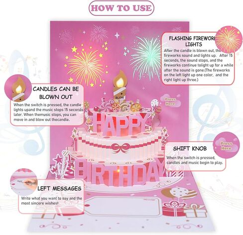 Musical Birthday Cards with Light and Music, Blowable, 3D Birthday Popup Cards for Men & Women– Plays Hit Song 'HAPPY Birthday' (pink) in Kuwait