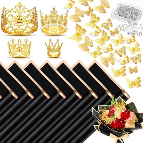 Kigeli 148 Pcs Flower Bouquet Accessories Include 20 Sheets Flower Wrapping Paper 4 Crowns 24 3D Butterfly Wall Decor 100 Bouquet Pins Gifts for Graduation Grad Mother's Day Birthday DIY(Black) in Saudi Arabia