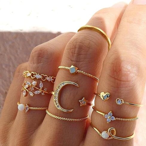 HUASAI 8 PCS Gold Rings for Women Gold Stacking Rings Set Dainty Stackable Boho Pearl Rings Midi Finger Rings Vintage Simple Trendy Rings Trendy Jewelry Gifts in Saudi Arabia