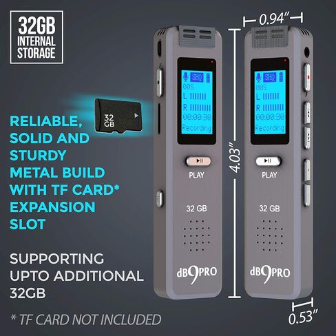 مسجل صوت رقمي dB9PRO سعة 32 جيجابايت قابل للتوسيع بمقدار 32 جيجابايت، جهاز تسجيل صوتي محمول قابل لإعادة الشحن عبر USB، مشغل MP3، جهاز تسجيل صوتي صغير، ميكروفون مدمج، مكبر صوت للمحاضرات (32 جيجابايت) in Saudi Arabia