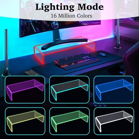 حامل شاشة أكريليك من Cutora مع ضوء LED 3.97 بوصة/5.91 بوصة ارتفاع، حامل كمبيوتر شفاف للمكتب والكمبيوتر المحمول ورف عرض سطح المكتب مع منظمات وملحقات مكتب الكمبيوتر الشخصي لألعاب المكتب والمنزل in Kuwait