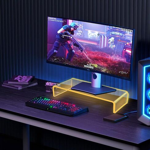 حامل شاشة أكريليك من Cutora مع ضوء LED 3.97 بوصة/5.91 بوصة ارتفاع، حامل كمبيوتر شفاف للمكتب والكمبيوتر المحمول ورف عرض سطح المكتب مع منظمات وملحقات مكتب الكمبيوتر الشخصي لألعاب المكتب والمنزل in Kuwait