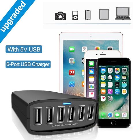 شاحن USB، XDCDHM 60 وات 12A 6 منافذ شاحن جداري عالي السرعة للسفر متعدد المنافذ USB شاحن محور محطة شحن لأجهزة Apple iPhone/iPad Air/Samsung/الأجهزة اللوحية والمزيد (HUB- أسود) in Saudi Arabia