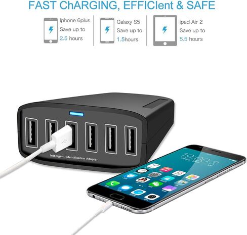 شاحن USB، XDCDHM 60 وات 12A 6 منافذ شاحن جداري عالي السرعة للسفر متعدد المنافذ USB شاحن محور محطة شحن لأجهزة Apple iPhone/iPad Air/Samsung/الأجهزة اللوحية والمزيد (HUB- أسود) in Saudi Arabia