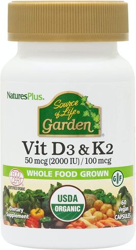 Natures Plus Source of Life Garden Vitamin D3 & K2-60 Vegan Capsules - Promotes Bone Support, Immune Function, Cardiovascular Health & Mood Balance - Vegan, Gluten Free - 60 Servings in Saudi Arabia