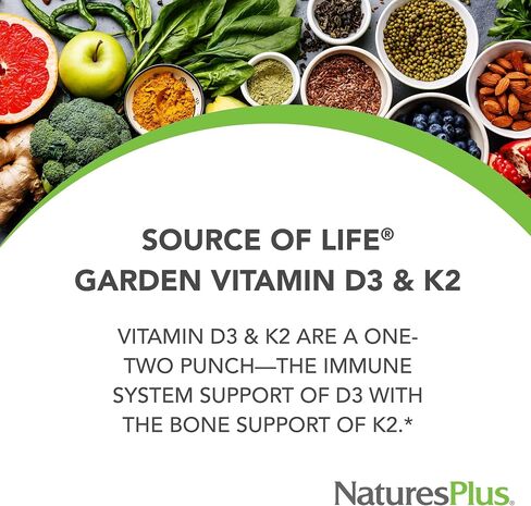 Natures Plus Source of Life Garden Vitamin D3 & K2-60 Vegan Capsules - Promotes Bone Support, Immune Function, Cardiovascular Health & Mood Balance - Vegan, Gluten Free - 60 Servings in Saudi Arabia