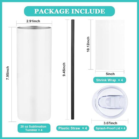 8 Pack Sublimation Tumblers Bulk, 20 oz Skinny Straight Sublimation Tumbler Blank with Lids and Straws, Shrink Wraps, Stainless Steel Double Wall Insulated Tumbler for Tumbler Heat Transfer in Saudi Arabia