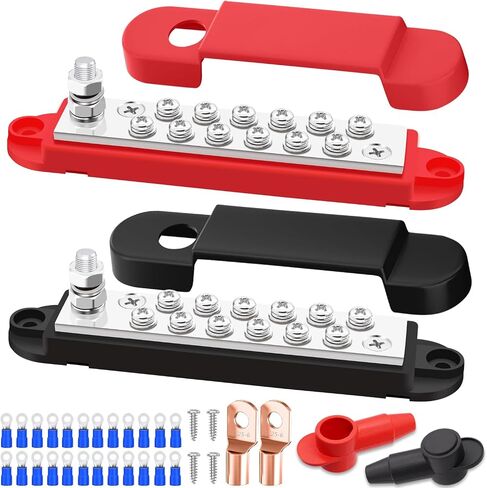 Aienxn 12V Bus Bar Marine 150A 1/4" Stud Power Distribution Block with 2PCS Silicone Terminal Covers, 2PCS Copper Lugs and Ring Terminals for Car and Boat (Black+Red) Q-078 in Saudi Arabia
