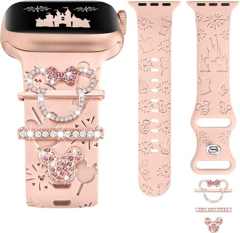 Girovo Watch Band Charms Compatible with Apple Watch Band (Band Included) 41mm 40mm 38mm 49mm 45mm 44mm 42mm Women, Cute Cartoon Engraved Silicone Bands & Glitter Decorative Rings Loops for iWatch Series 9 8 7 6 5 4 3 2 SE Ultra Ultra 2 in Saudi Arabia