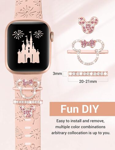 Girovo Watch Band Charms Compatible with Apple Watch Band (Band Included) 41mm 40mm 38mm 49mm 45mm 44mm 42mm Women, Cute Cartoon Engraved Silicone Bands & Glitter Decorative Rings Loops for iWatch Series 9 8 7 6 5 4 3 2 SE Ultra Ultra 2 in Saudi Arabia