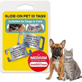 LuckyPet Slide-On Pet ID Tags - Dog Tags Personalized - Durable Engraved Stainless Steel Pet Name Tags - Noiseless Dog Tag - Suitable for Dogs and Cats - Fits 1 inch Collars - Large, Open Ends in Kuwait