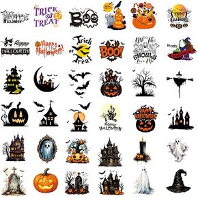 36 PCS Halloween Rub On Transfer Stickers for Crafts, Colorful Waterproof Decals with Pumpkins, Ghosts, Witches and Haunted Houses for Jars, Tumblers, Mugs & DIY Decorations in Kuwait