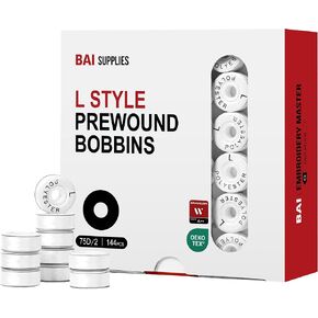 BAI Prewound Embroidery Bobbins L Style 144pcs 75D/2 White Cardboard Sided in Kuwait