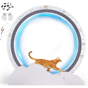 GTPLAYER Cat Wheels, Large Cat Exercise Wheel for Indoor Cats, 40" Diameter cat Treadmill Detachable Carpet & Teaser, Stickers, Ultra-Quiet Scroll Wheel with Latch, Metal, White Wave in Kuwait