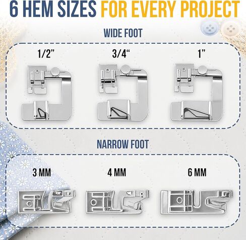 Rolled Hem Presser Foot [6 Sizes] Wide Rolled Hem Foot Set & Narrow Foot Hemmer Set For Brother, Singer & Janome Low Shank Sewing Machines. Hemming Pressure Feet With Distinctive Wide and Narrow Sizes in Kuwait