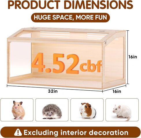 Wooden Hamster Cage, 32inch Large Hamster Enclosure with Openable Top & Stabilized Acrylic for Small Animals, Guinea Pig, Rabbit, Rat, 32" L x 16''W x 16''H Hamster Habitat with Multi-Vent in Saudi Arabia