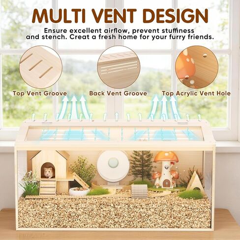 Wooden Hamster Cage, 32inch Large Hamster Enclosure with Openable Top & Stabilized Acrylic for Small Animals, Guinea Pig, Rabbit, Rat, 32" L x 16''W x 16''H Hamster Habitat with Multi-Vent in Saudi Arabia