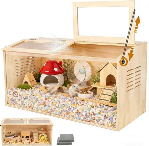 Wooden Hamster Cage,32" Lx16 Wx16 H,2 Washable Liner, Animal Cabinet for Dwarf Syrian Hamsters Degus, Hamster Habitat with Openable Top and Large Acrylic Sheets, Natural Wooden Hamster Habitat in Kuwait