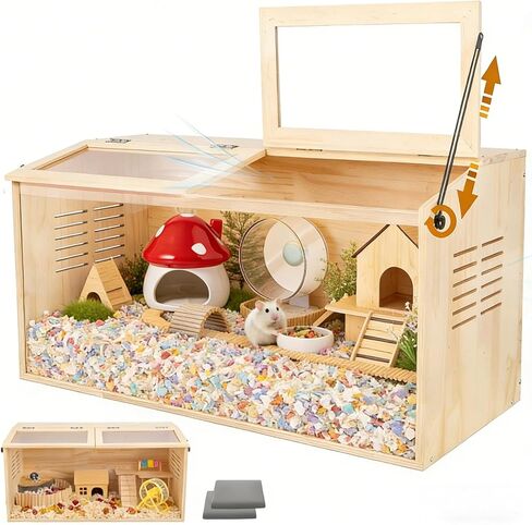Wooden Hamster Cage,32" Lx16 Wx16 H,2 Washable Liner, Animal Cabinet for Dwarf Syrian Hamsters Degus, Hamster Habitat with Openable Top and Large Acrylic Sheets, Natural Wooden Hamster Habitat in Kuwait