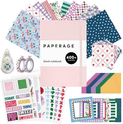 PAPERAGE Junk Journal & Scrapbook Kit, Hardcover Blank Journal Notebook, 20 Patterned Papers, 8 Sticker Sheets, 20 Die-Cut Shapes, 2 Washi Tapes & Tape Roller, Creative Journaling Supplies - Lavender in Saudi Arabia
