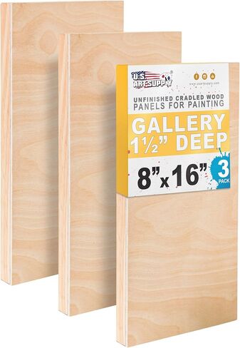 لوحات صب طلاء خشب البتولا مقاس 8 × 16 بوصة من US Art Supply، حامل عميق للمعرض مقاس 1-1/2 بوصة (عبوة من 3) - لوحات جدارية خشبية بعمق الفنان - لوحة فنية متعددة الوسائط، أكريليك، زيت، كاوية in Kuwait