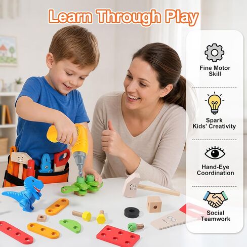 Phobby Wooden Tool Set with Drill & Belt Toy for Kids Ages 3 4 5 6, 60Pcs in Saudi Arabia