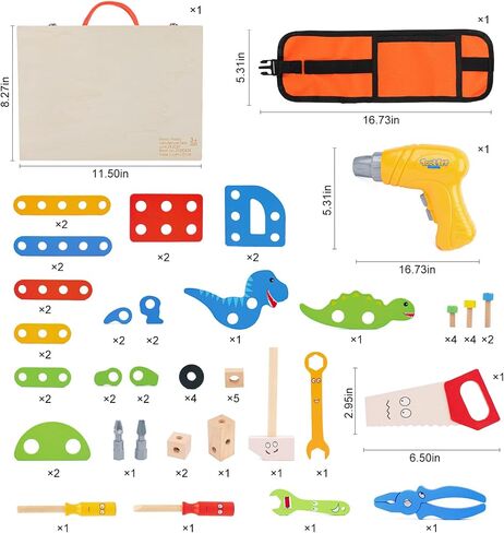 Phobby Wooden Tool Set with Drill & Belt Toy for Kids Ages 3 4 5 6, 60Pcs in Saudi Arabia
