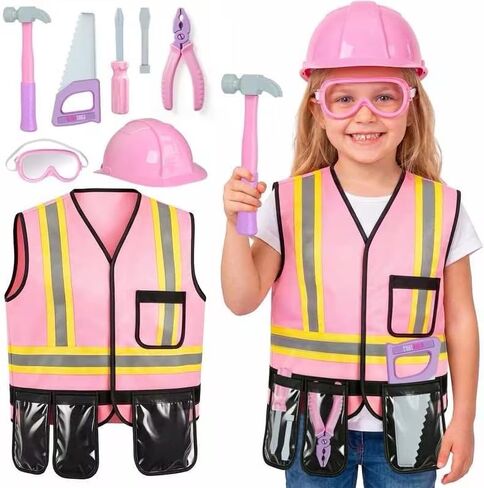 Pink Kids Tool Set with Construction Worker Costume for Girls Ages 3-5 - Toddler Dress Up Clothes, Toy Tools, Hat & Vest, Preschool Toys, STEM Educational Role Play Toys Gift in Kuwait