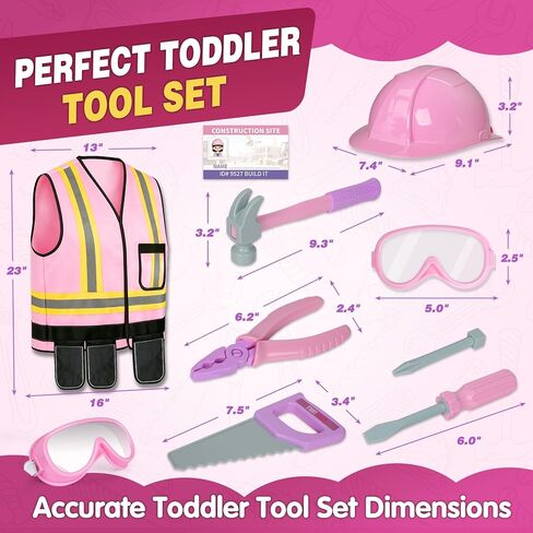 Pink Kids Tool Set with Construction Worker Costume for Girls Ages 3-5 - Toddler Dress Up Clothes, Toy Tools, Hat & Vest, Preschool Toys, STEM Educational Role Play Toys Gift in Kuwait