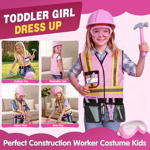 Pink Kids Tool Set with Construction Worker Costume for Girls Ages 3-5 - Toddler Dress Up Clothes, Toy Tools, Hat & Vest, Preschool Toys, STEM Educational Role Play Toys Gift in Kuwait