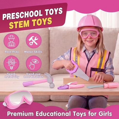Pink Kids Tool Set with Construction Worker Costume for Girls Ages 3-5 - Toddler Dress Up Clothes, Toy Tools, Hat & Vest, Preschool Toys, STEM Educational Role Play Toys Gift in Kuwait