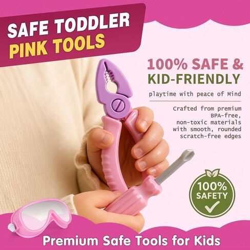 Pink Kids Tool Set with Construction Worker Costume for Girls Ages 3-5 - Toddler Dress Up Clothes, Toy Tools, Hat & Vest, Preschool Toys, STEM Educational Role Play Toys Gift in Kuwait