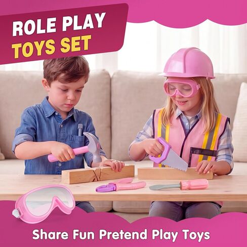 Pink Kids Tool Set with Construction Worker Costume for Girls Ages 3-5 - Toddler Dress Up Clothes, Toy Tools, Hat & Vest, Preschool Toys, STEM Educational Role Play Toys Gift in Kuwait