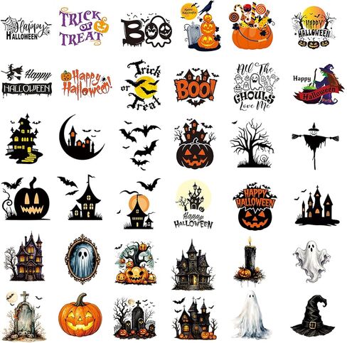 36 PCS Halloween Rub On Transfer Stickers for Crafts, Colorful Waterproof Decals with Pumpkins, Ghosts, Witches and Haunted Houses for Jars, Tumblers, Mugs & DIY Decorations in Kuwait