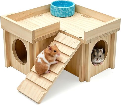 Acsist Wooden Hamster Hideout Hamster Wood House with Ladder Habitats Decor Detachable Small Animals Cage Accessories for Hamster Rat Gerbils and Other Small Pets in Kuwait