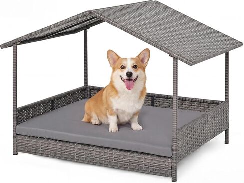 Tangkula Wicker Dog House, Indoor Outdoor Raised Rattan Dog Bed w/Removable Cushion, Washable Cover, Weatherproof Roof, Rattan Puppy Shelter w/Elevated Floor for Small Medium Dogs (Grey) in Kuwait