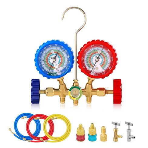 مقياس تيار متردد ORION TECH ، مجموعة قياس تيار متردد مشعب R134a R12 R22 R502 ، مجموعة قياس تيار متردد للسيارات 3 طرق مع مقاييس مضادة للصدمات ومهايئ ، يمكن ثقب صنبور طقم إعادة شحن فريون لHVAC in Kuwait
