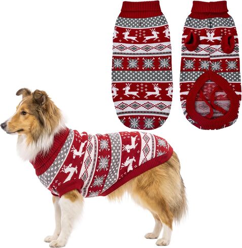 Vehomy Dog Christmas Sweater Xmas Pet Winter Knitwear Clothes Classic Warm Turtleneck Sweater Reindeer Snowflake Argyle Sweater Outfit for Medium Large Dogs S in Kuwait
