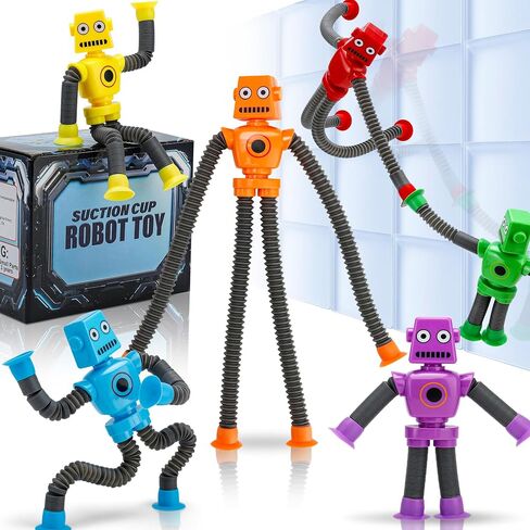 Robot Sensory Pop Tubes Toys 6PCS for Toddlers Boys Age 3-8, Suction Cup Stretchy Fidget Toy, Travel Toys, Autism Stress Relief, Birthday Christmas Stocking Stuffers Party Favors in Kuwait
