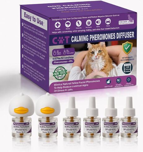 Cat Pheromones Calming Diffuser, Cat Calming Plug In Pheromone Diffuser Starter Kit with 2 Diffusers + 4 Refills - Relieve Anxiety, 120 Days Starter Kit Long-Lasting Stress Relief for Cats (Purple) in Kuwait