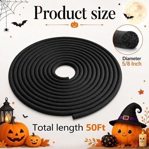 moonoom 50ft Black Halloween Foam Noodle, 5/8 Inch EPE Foam Tubes for Crafts, Versatile Foam Rope Roll for Halloween Holiday DIY Arts and Crafts Supplies Window Spider Web Decoration in Saudi Arabia