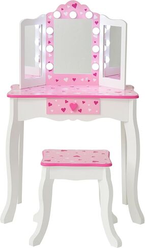 Teamson Kids - Pretend Play Kids Vanity, Table and Chair Vanity Set with LED Mirror Makeup Dressing Table with Drawer, Sweethearts Print Gisele Play Vanity Set, White/Pink, Gift for Ages 3+ in Kuwait